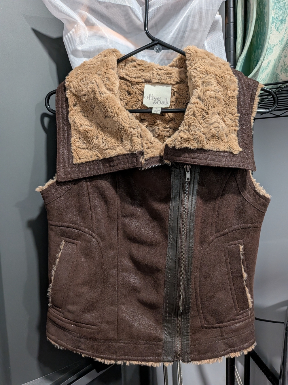 Olive & Oak Brown Faux Suede Shearling-Lined Vest